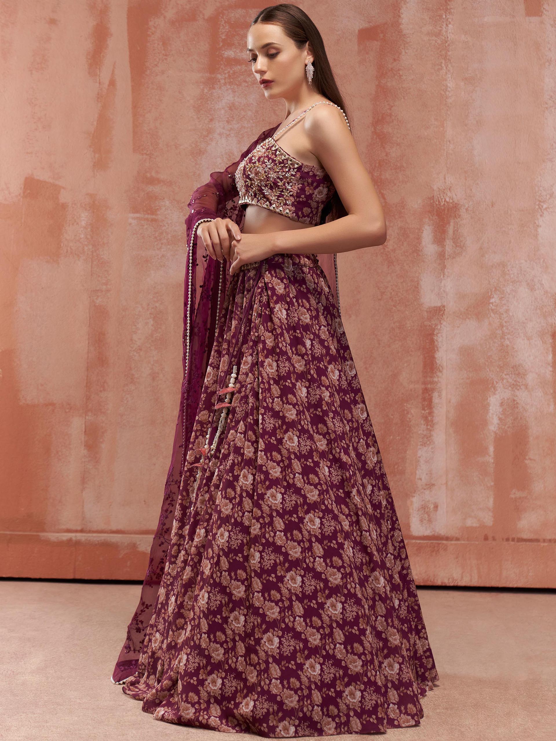 Wine Floral Print Co-Ord Lehenga Set image 2
