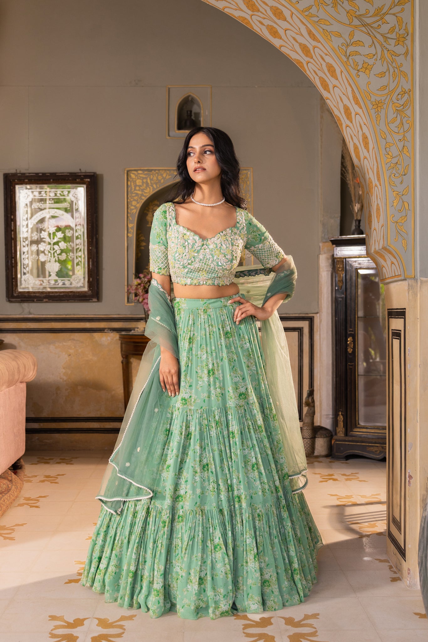 Green Embroidered Georgette Crepe Layered Lehenga Set image 2