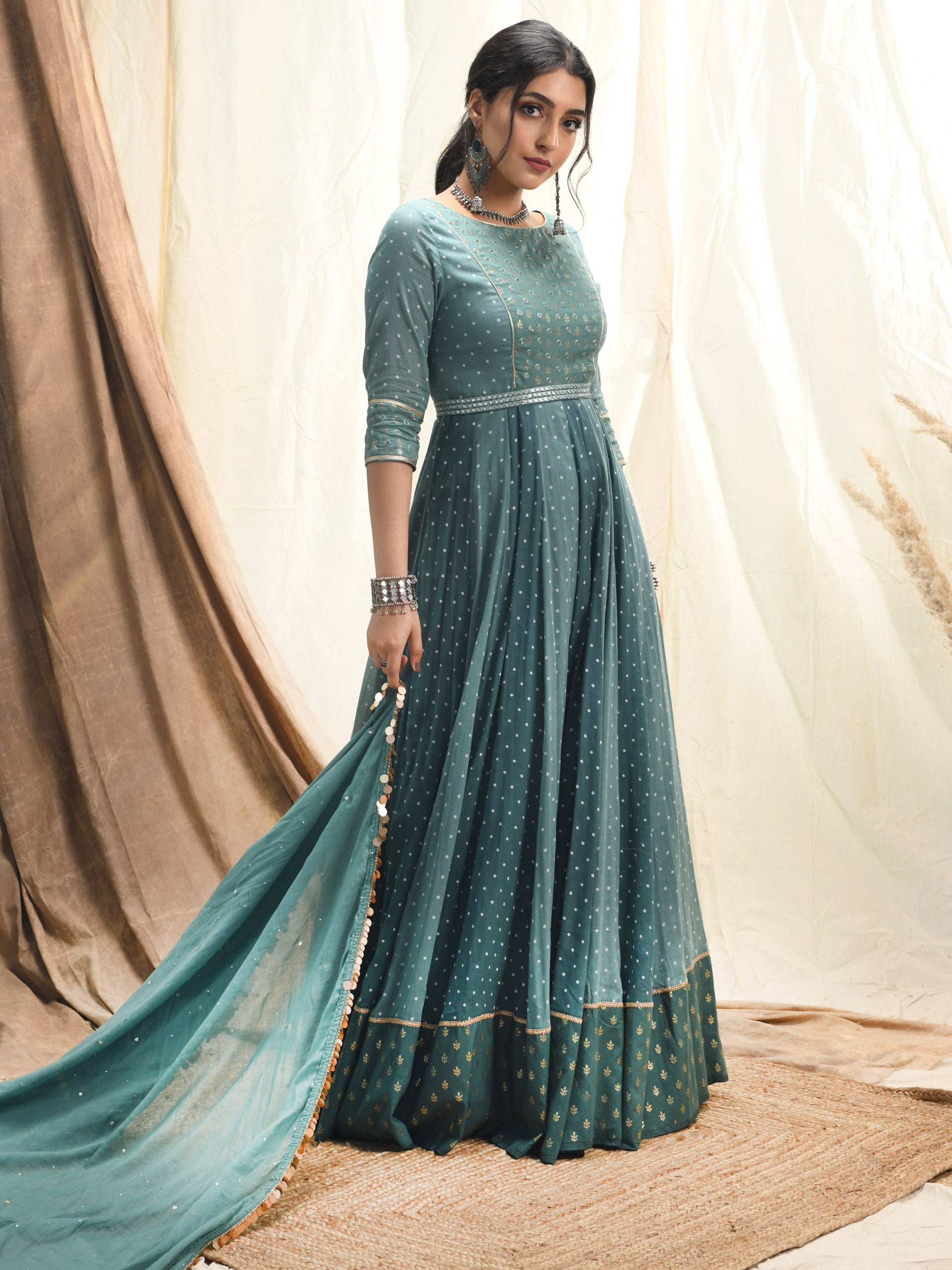 Aqua Green Polka Dot Anarkali Set image 3