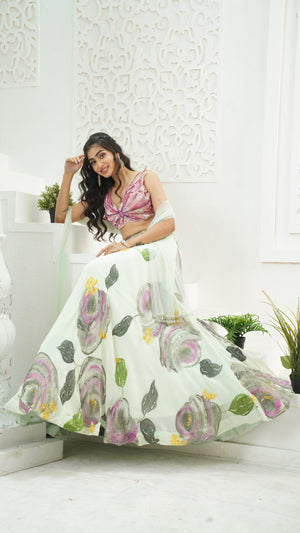 Mint Green hand painted lehenga and Butterfly blouse set image 3