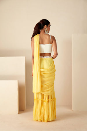 Yellow and White Pre-Drape Sharara Saree image 4