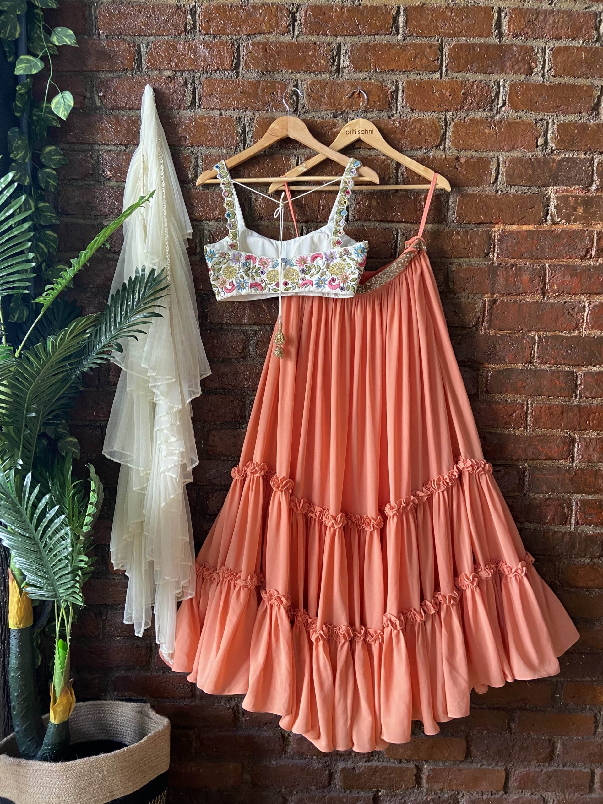 Ivory Swan and Peach Ruffle Lehenga Set image 2
