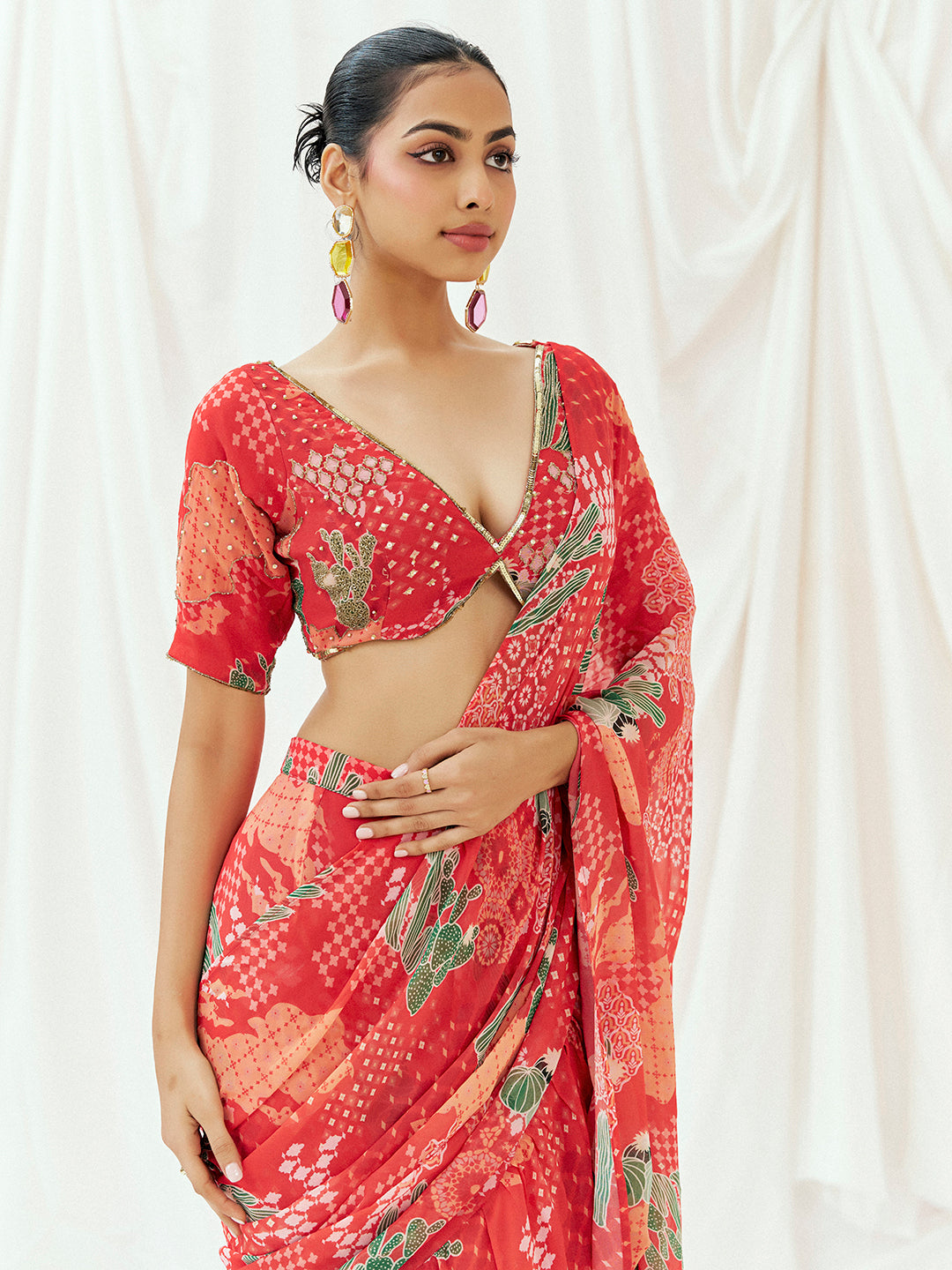 Red Printed Embroidered Drape Saree Set image 2