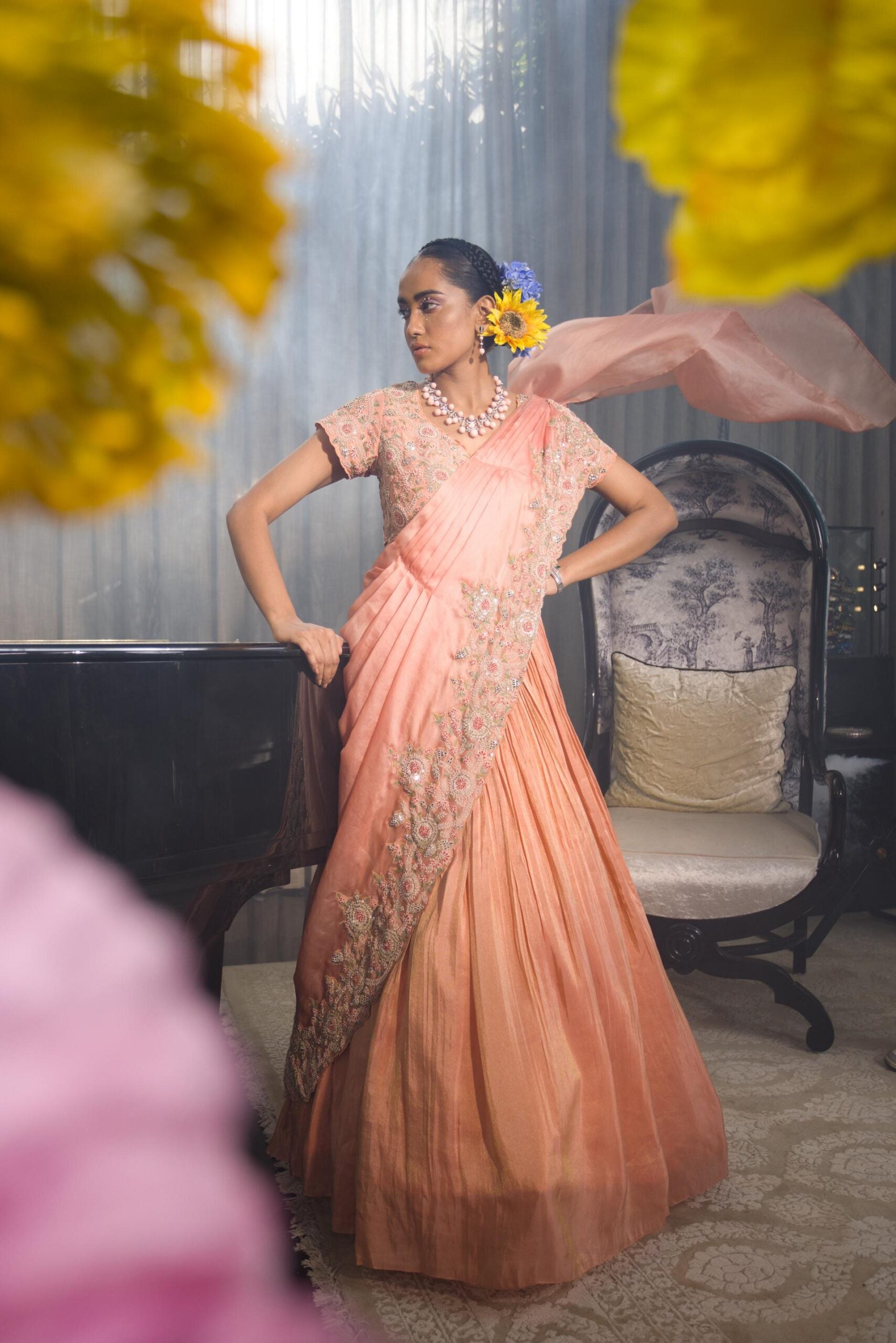 Rust Drape Zari Lehenga Set image 4