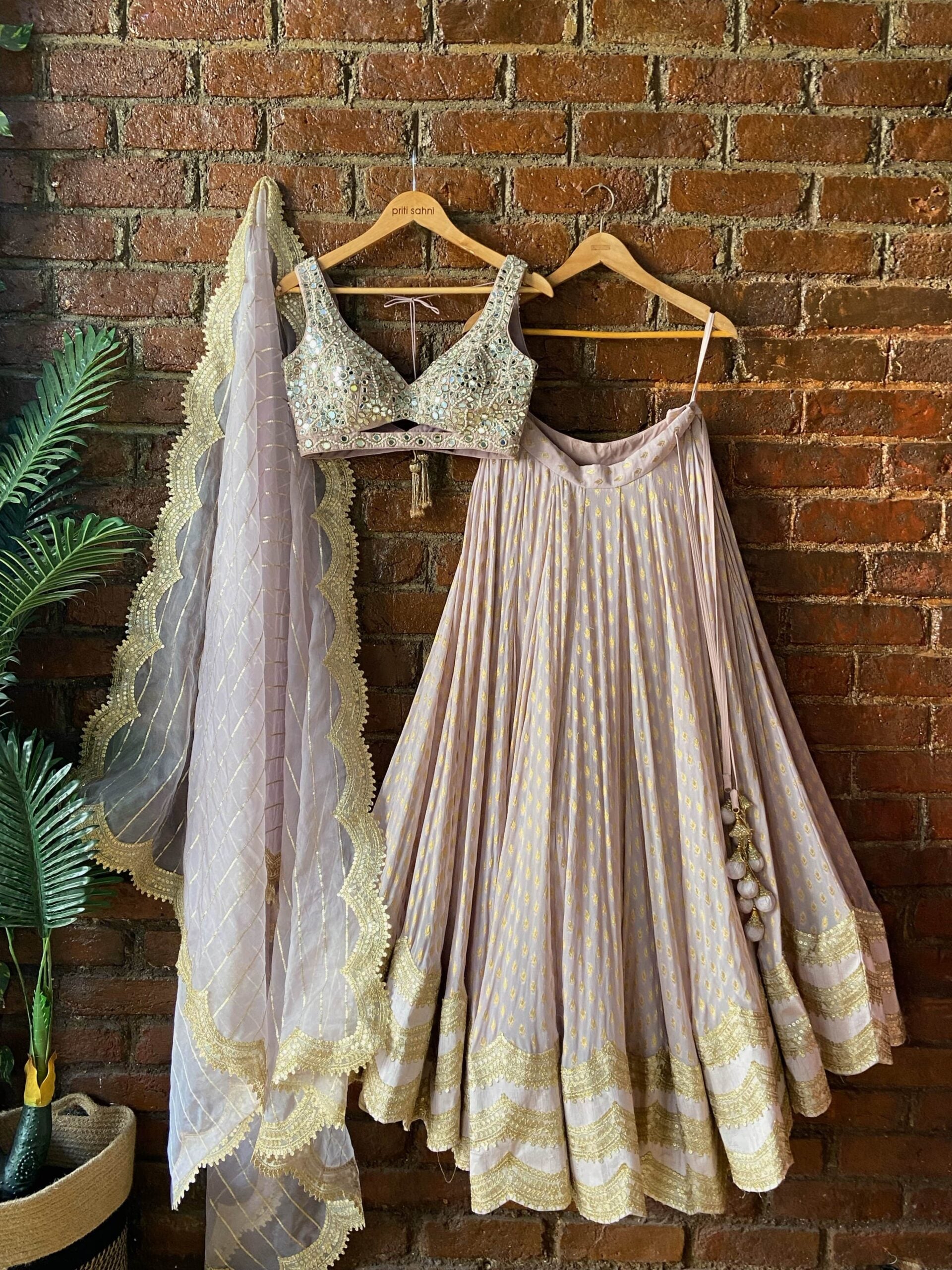 Mauve Brocade Georgette Lehenga with Mirror Work Blouse - M image