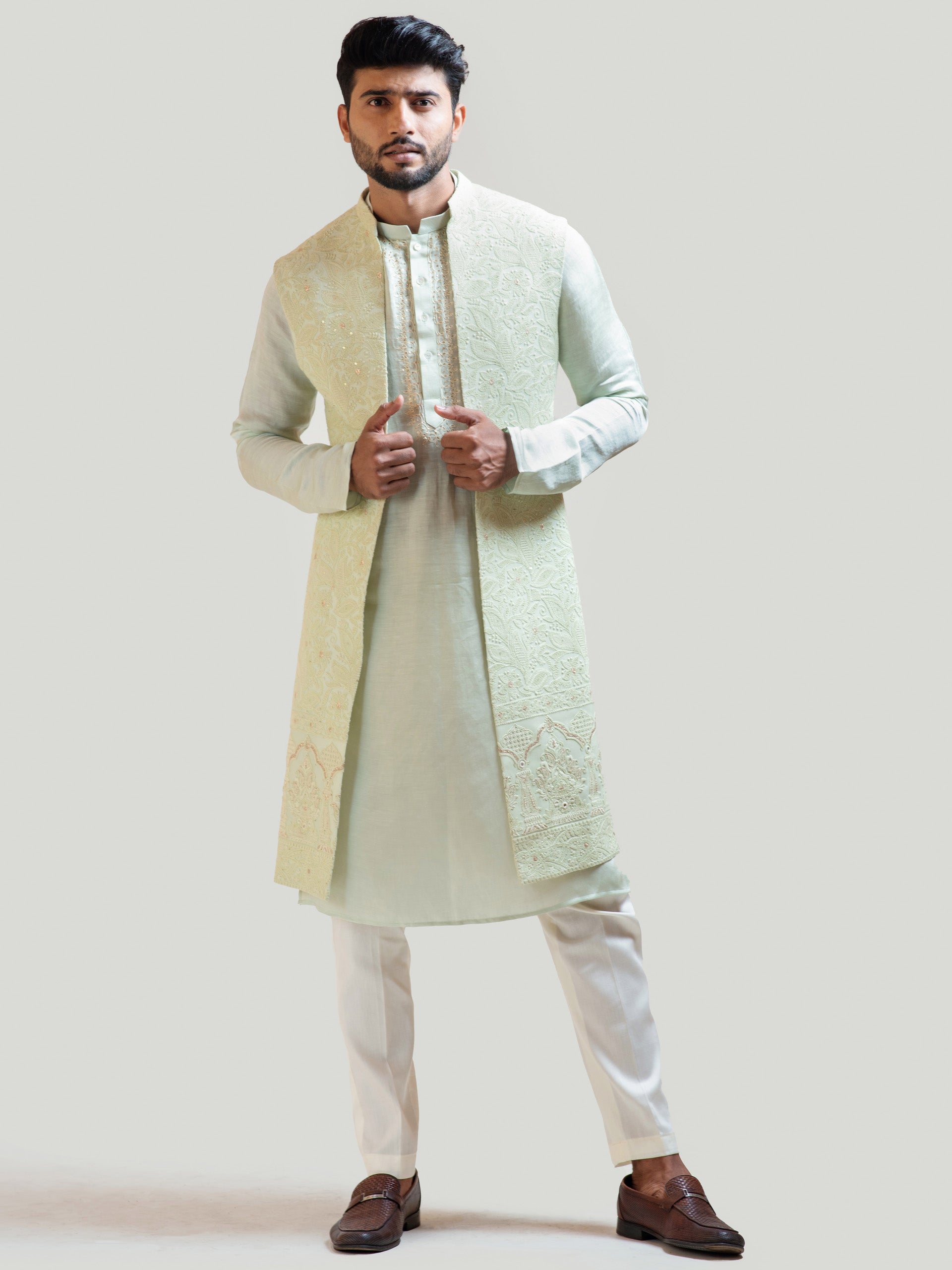 Mint Green Long Nehru Kurta Set - Custom image