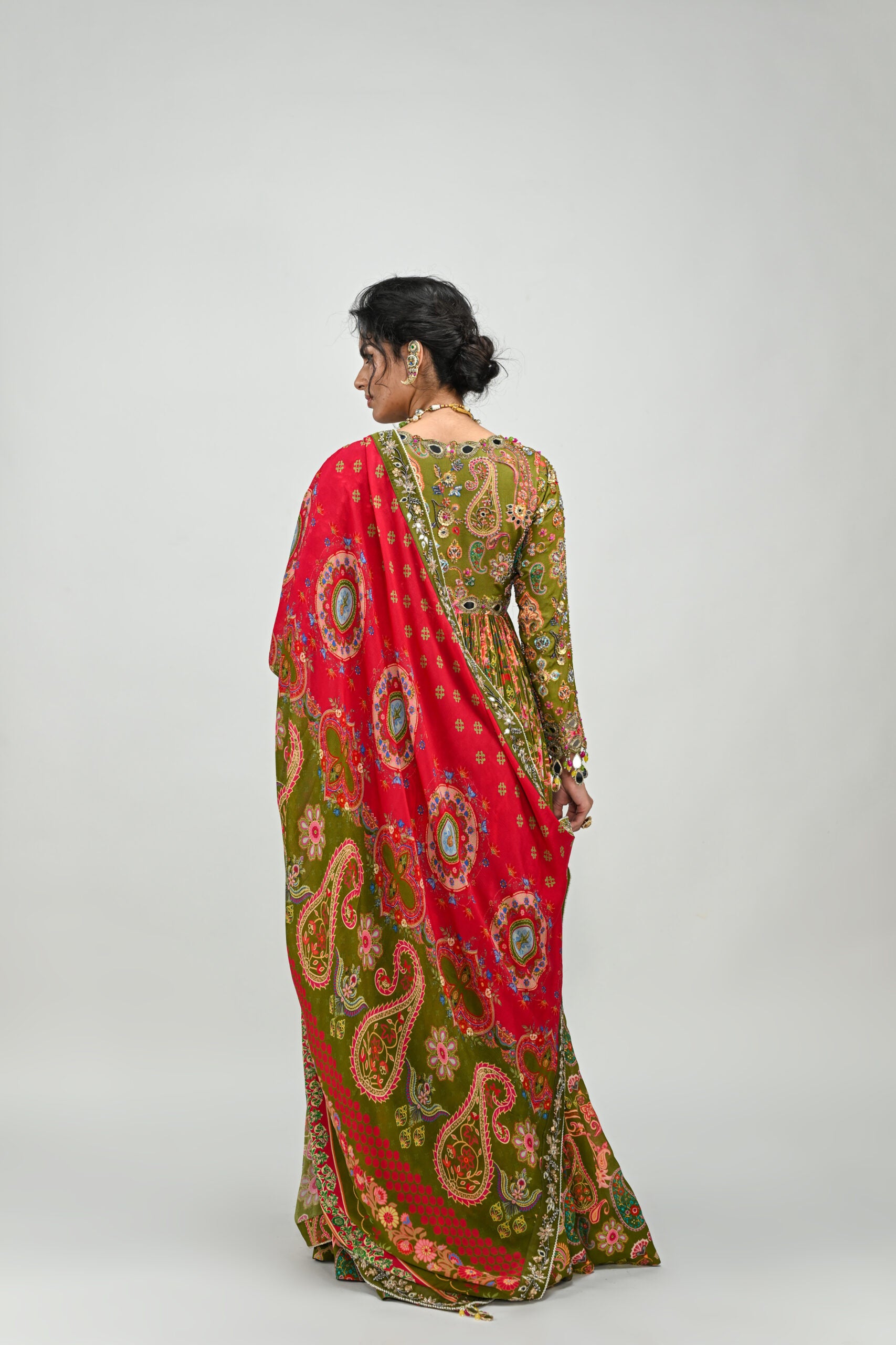 Olive Green Highlighted Anarkali Paired with Dual Print Dupatta image 3