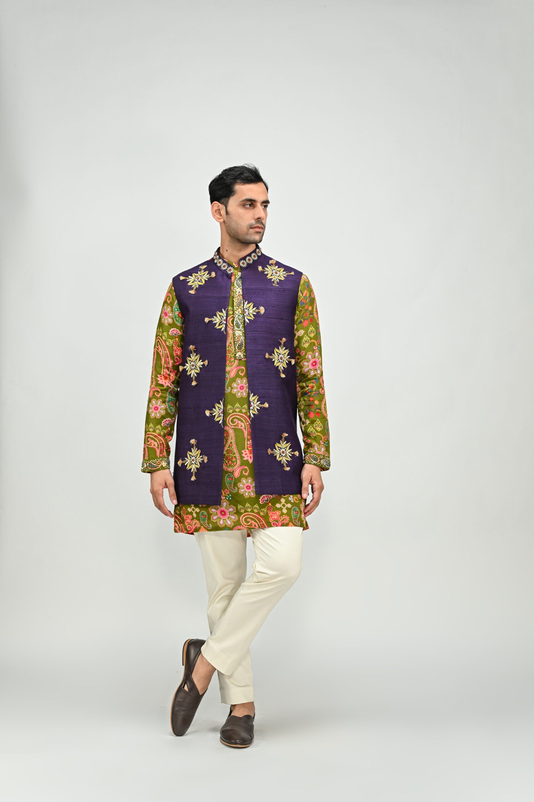 Olive Kurta Paired With Embroidered Half Jacket Pant Set image 0