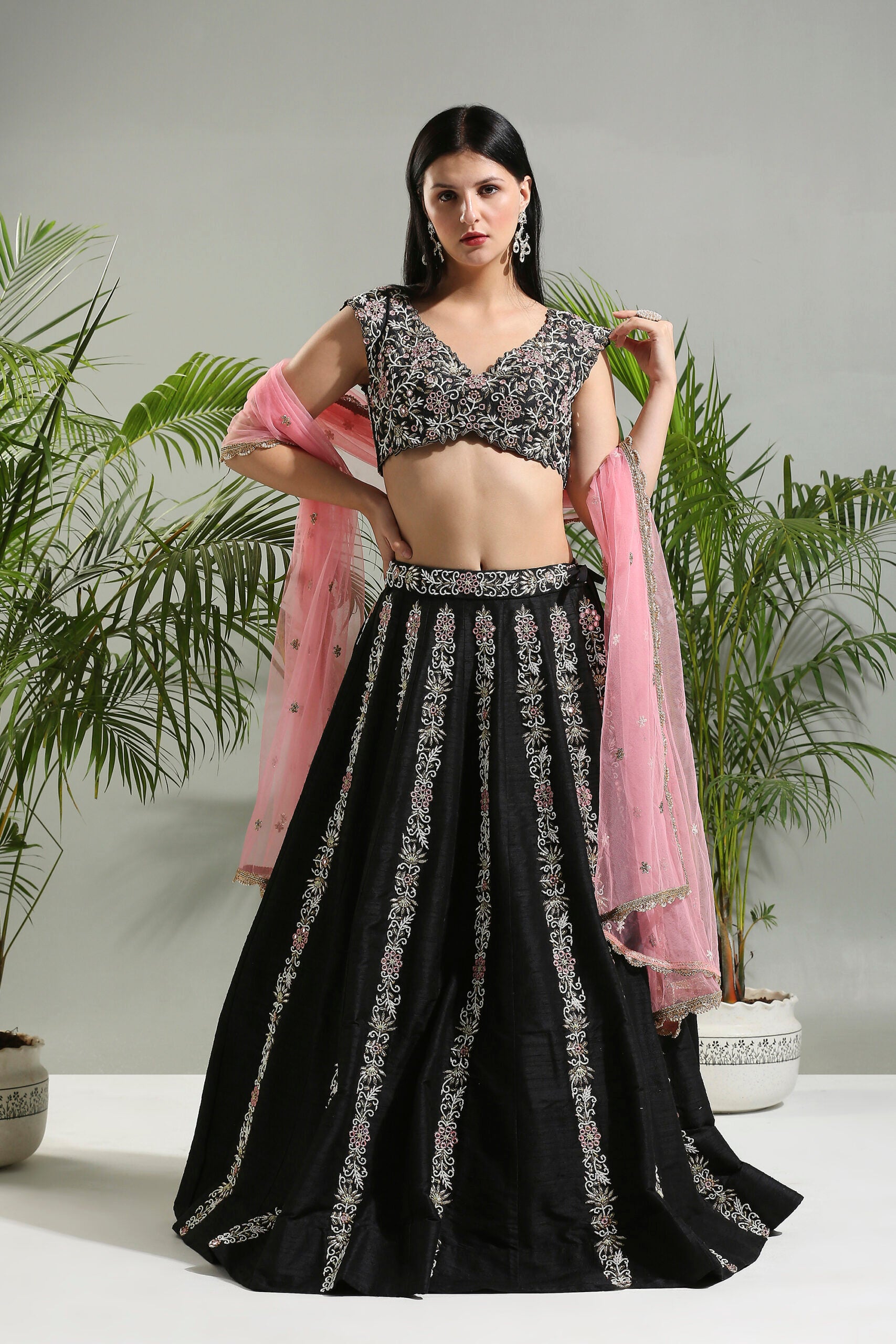 Black and Pink Thread and Mirror Hand Embroidered Lehenga Set image 0