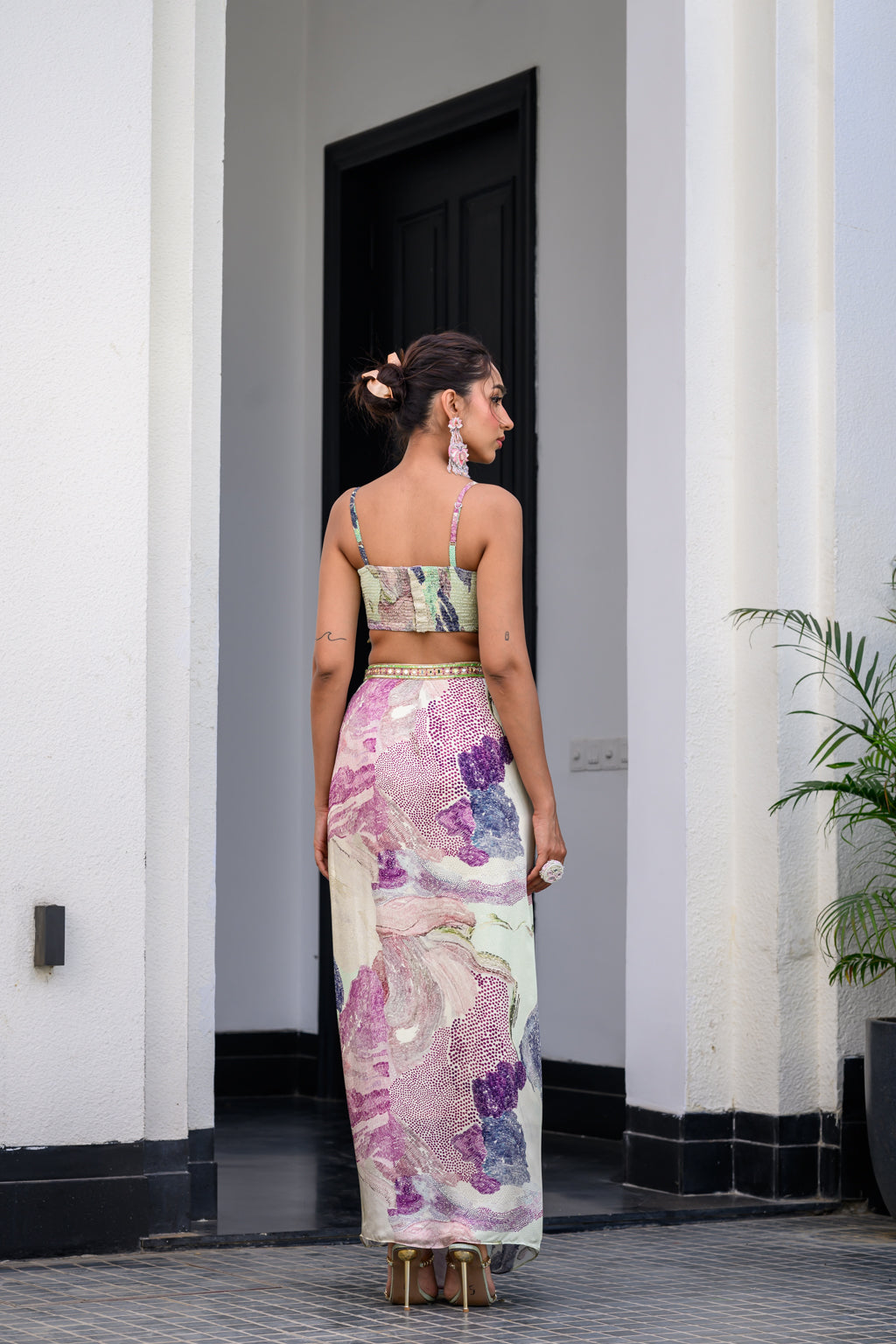 Eden Highlight Bralette With Mirror Work Paidawn With Dhoti Skirt And Cape image 3