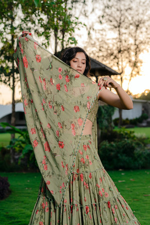 Pista Green Printed &amp; Embroidered Lehenga Set image 3
