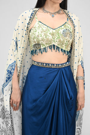 Peacock Printed Highlight Bralette Paired With Dhoti Set And Printed Cape image 1