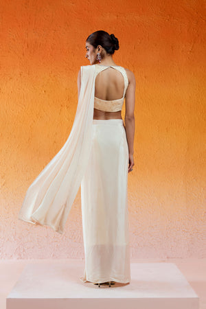 Ivory Embroidered Saree Set image 4