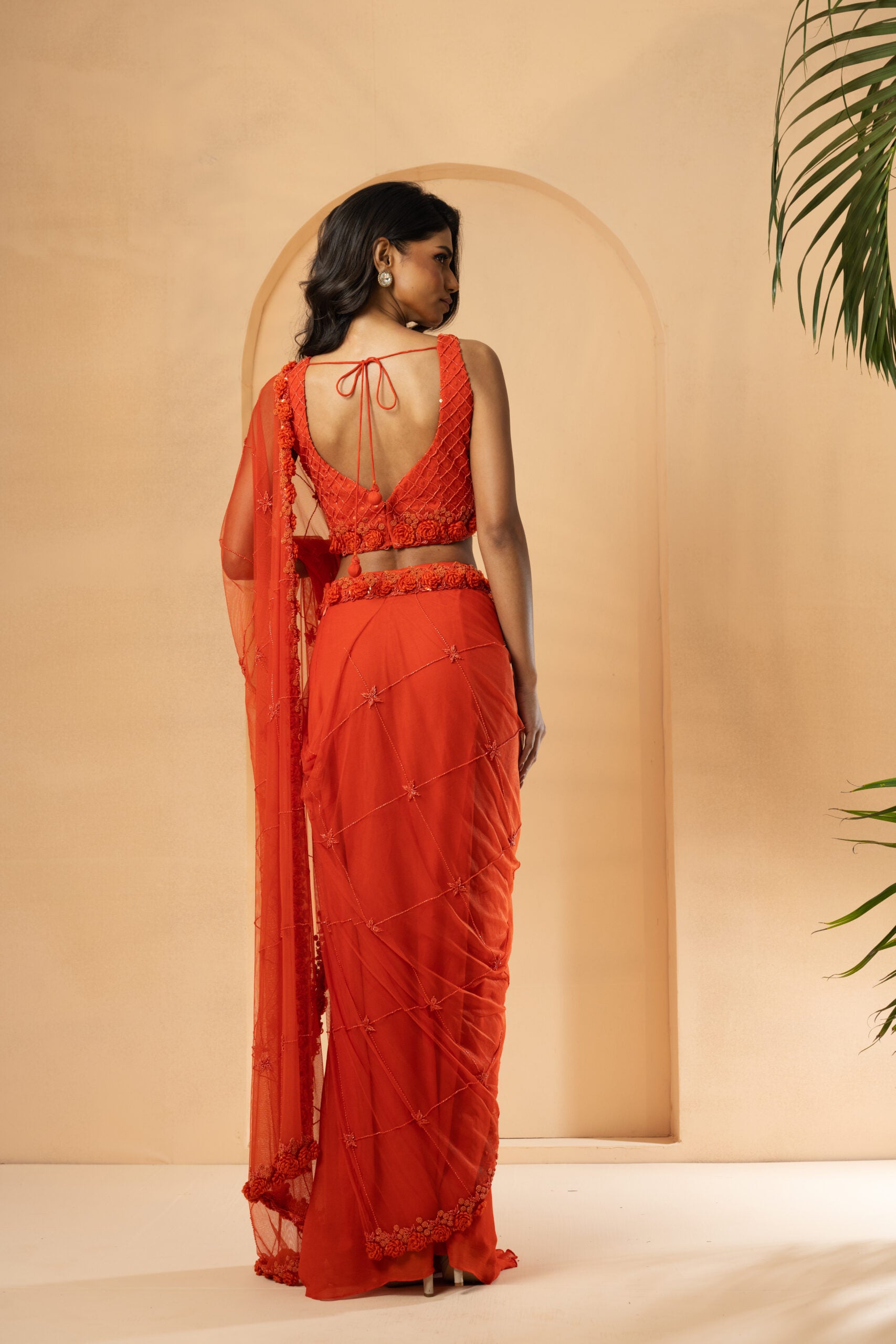 Orange Embroidered Drape Saree image 4