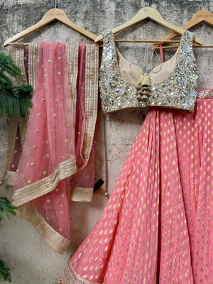 Coral and Beige Mirror Work Lehenga Set image 2