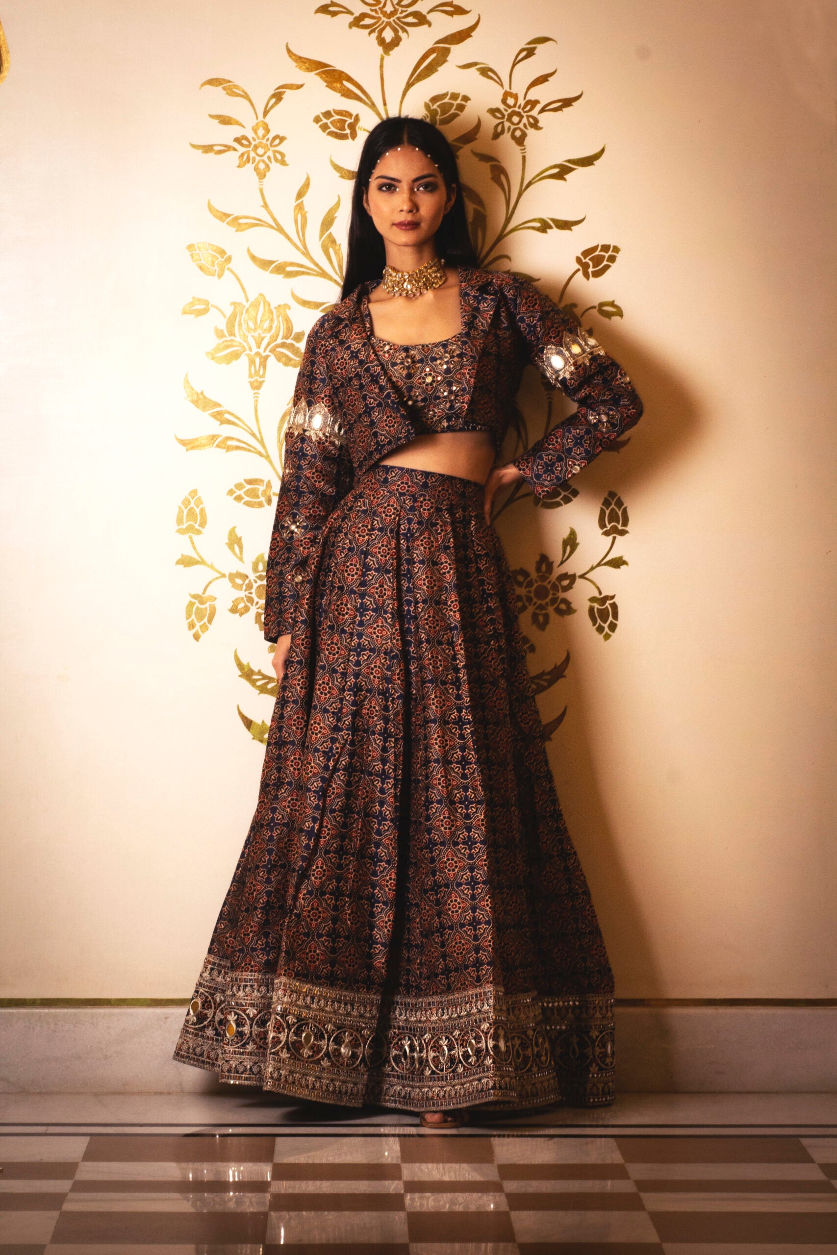 Ajrakh Print Skirt and Coat Set image 1