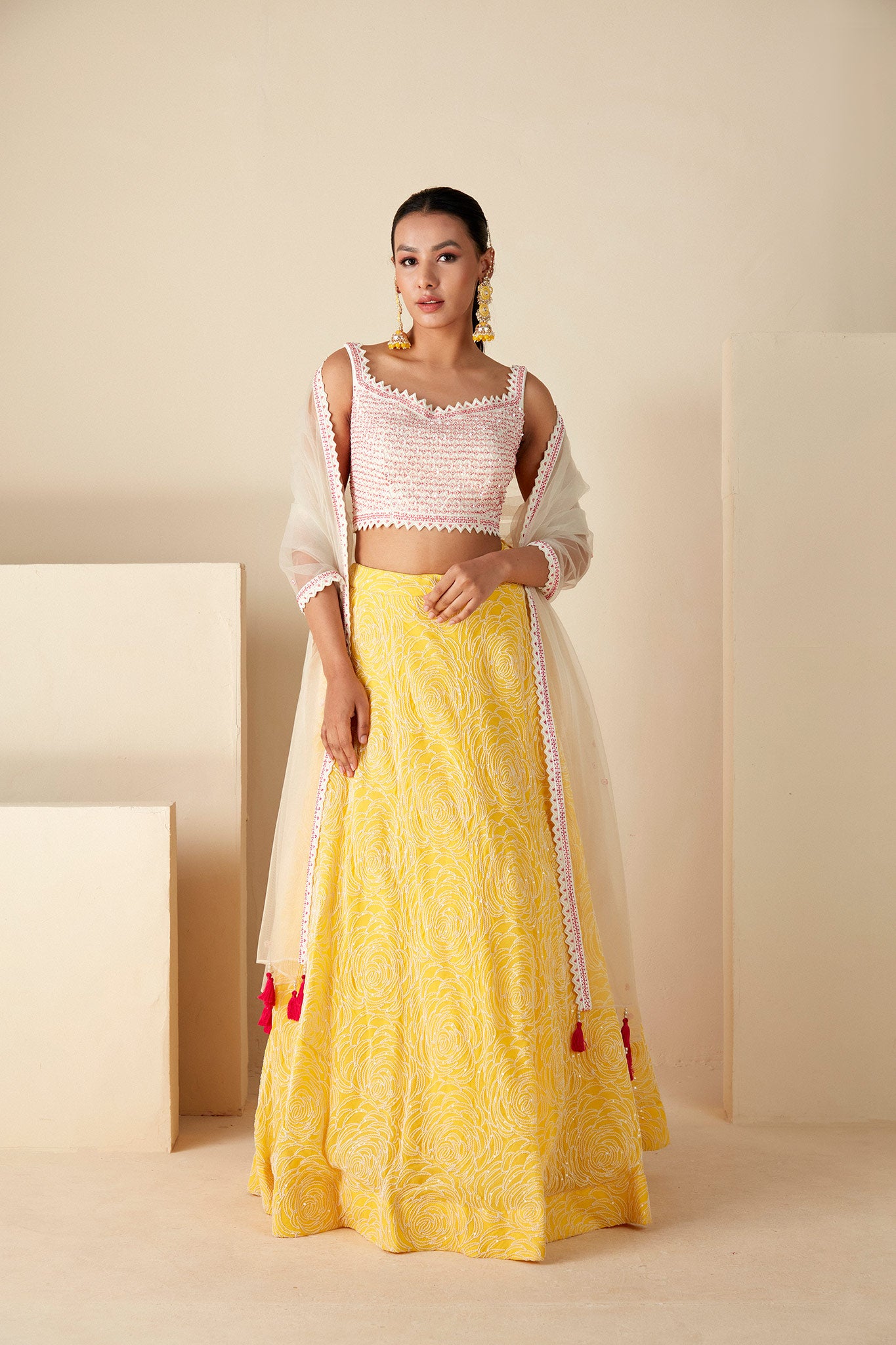 Yellow and White Lehenga Set - XL image