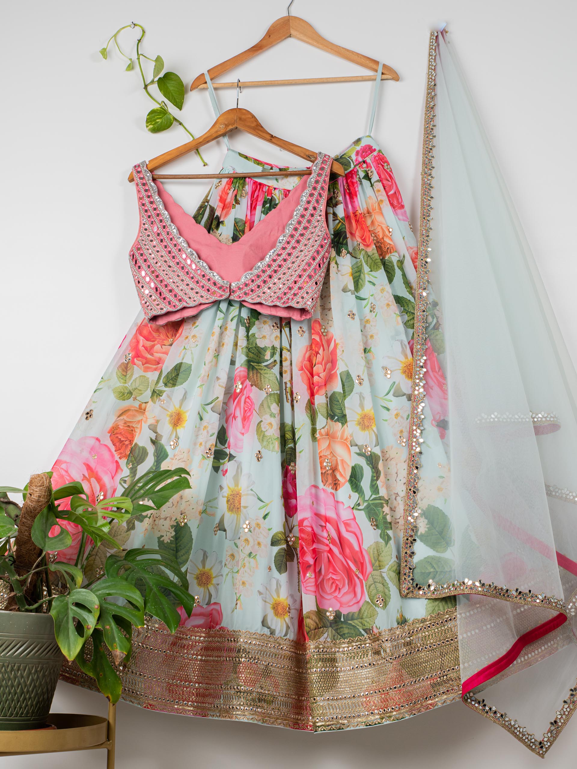 Aqua Floral Mirror Lehenga Set with Watermelon Pink Blouse image 1
