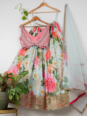 Aqua Floral Mirror Lehenga Set with Watermelon Pink Blouse image 1