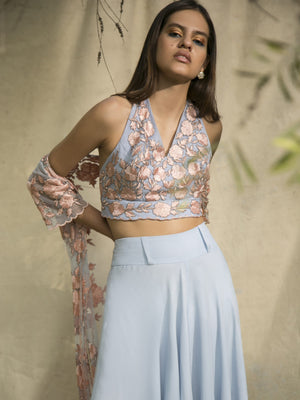 Pastel Blue Embroidered Jacket with Blouse and Palazzo Pants - Custom image