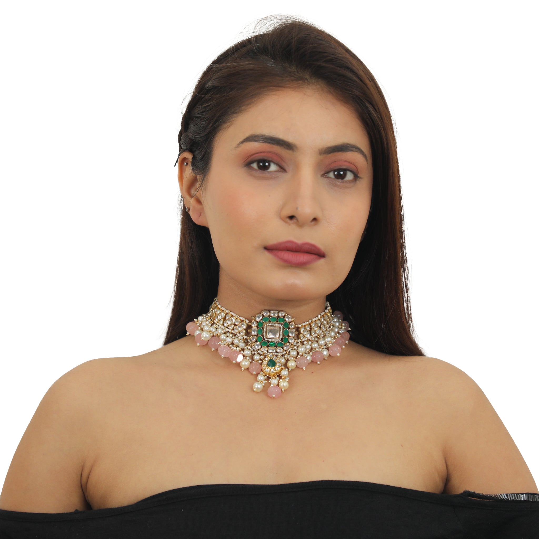 Green And White Choker Necklace Set With Pearls image 3
