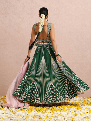 Green Embroidered Stripe Lehenga Set with Sleeveless Blouse image 5