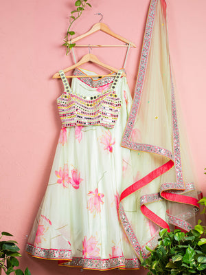 Green Lotus Floral Lehenga Set With Green Chantily Mirror Blouse - XL image