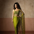 Pre-Draped Mehendi Green  Hand Embroidered Net & Satin Saree image 0
