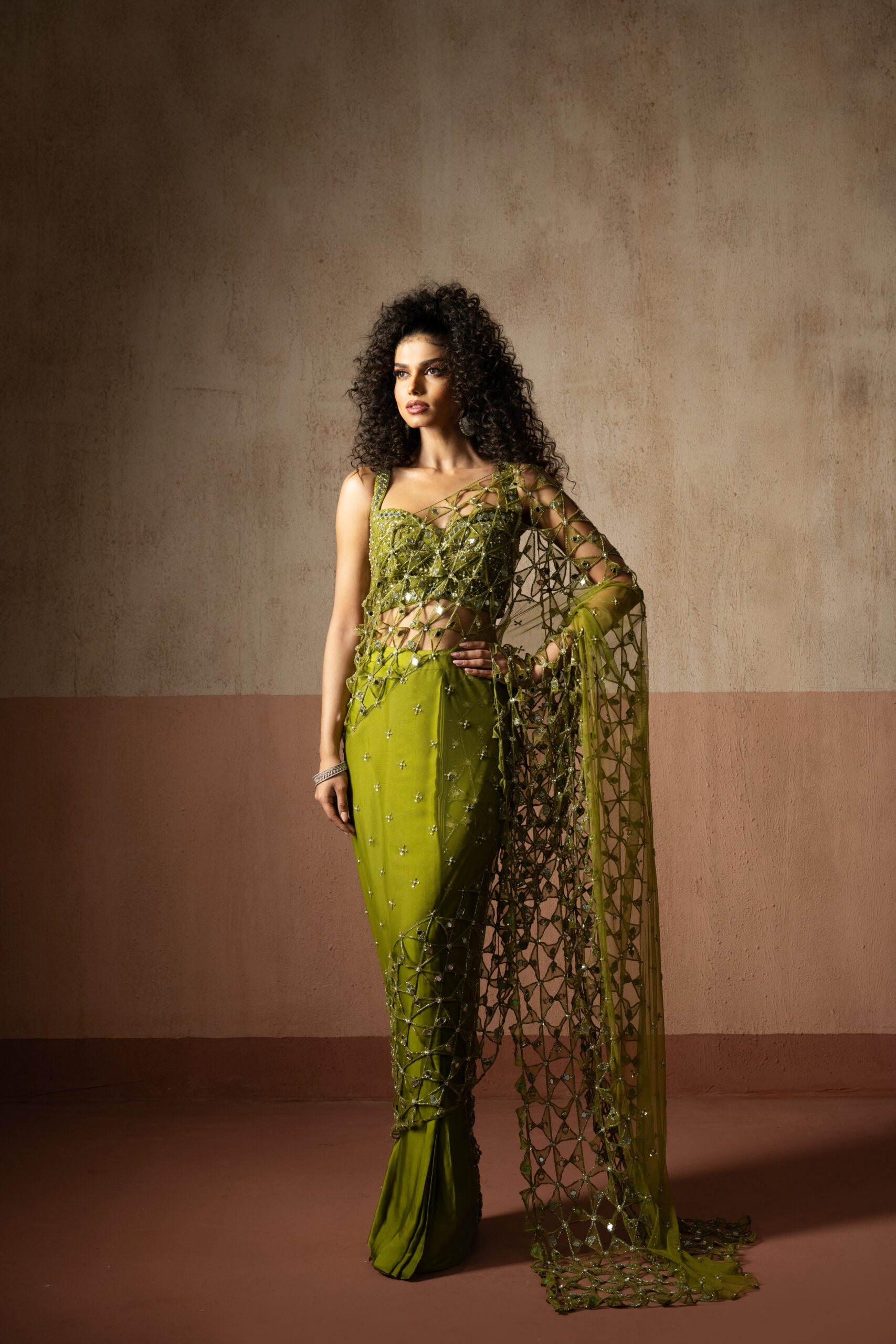 Pre-Draped Mehendi Green  Hand Embroidered Net & Satin Saree image 0