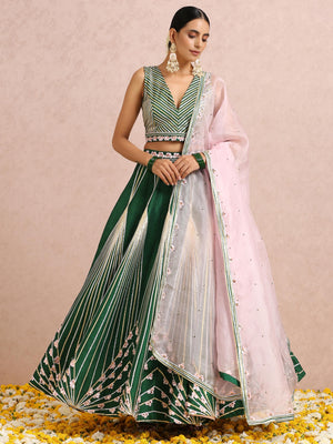 Green Embroidered Stripe Lehenga Set with Sleeveless Blouse image 2