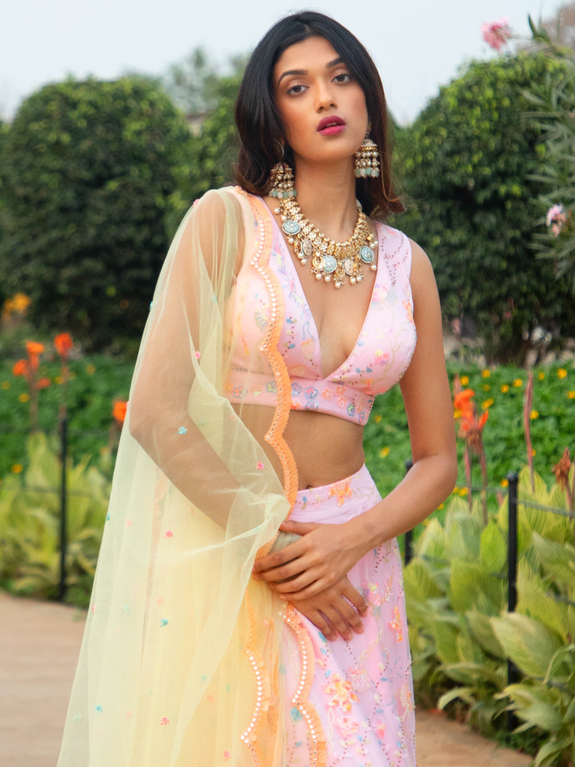 Pink Floral Multi Sequins Co-ord Set With Yellow Dupatta image 3