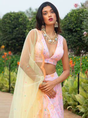 Pink Floral Multi Sequins Co-ord Set With Yellow Dupatta image 3