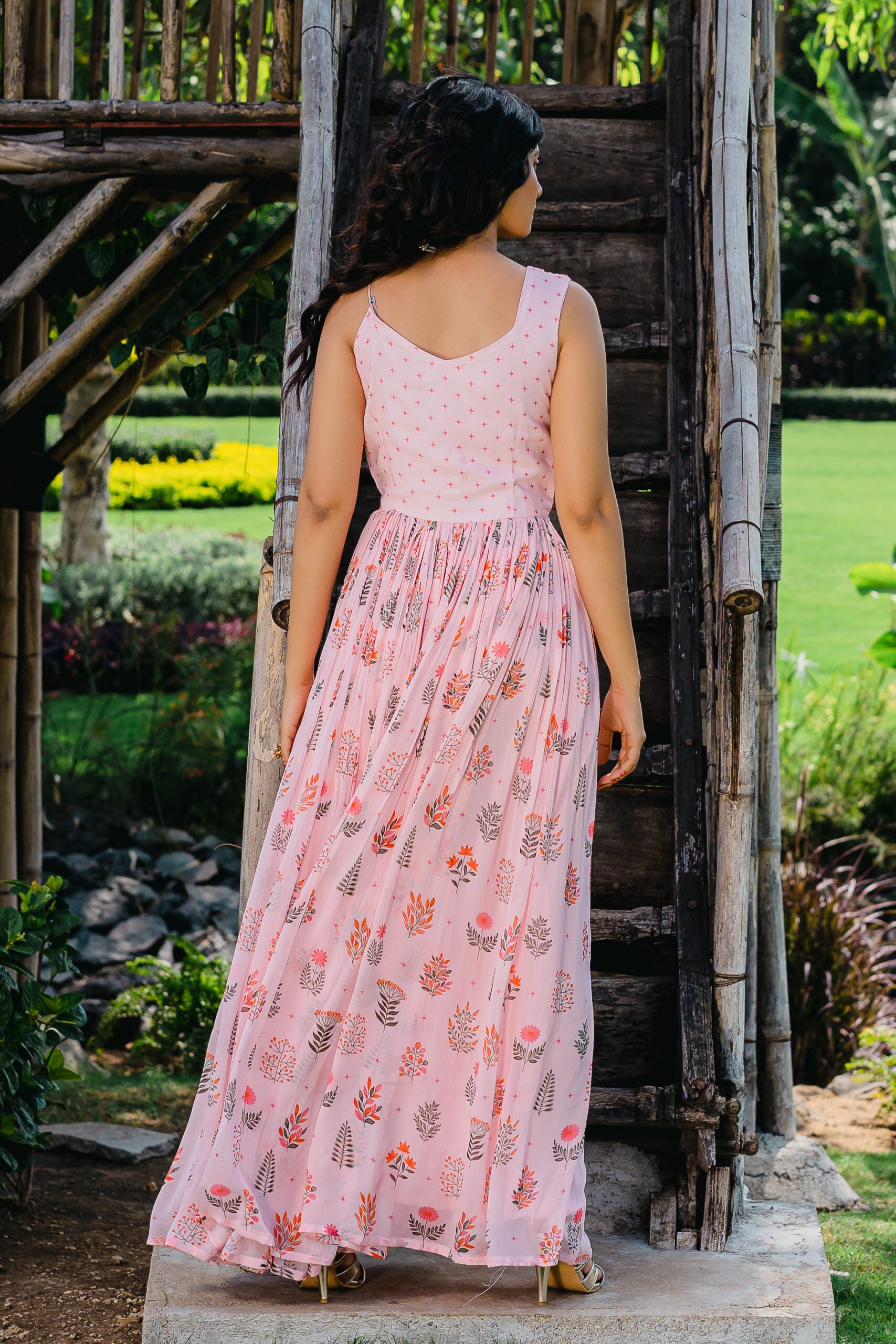 Blush Pink Floral Printed Embroidered Gown image 2