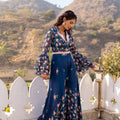 Blue Georgette Crepe Embroidered Jumpsuit With Belt image 0