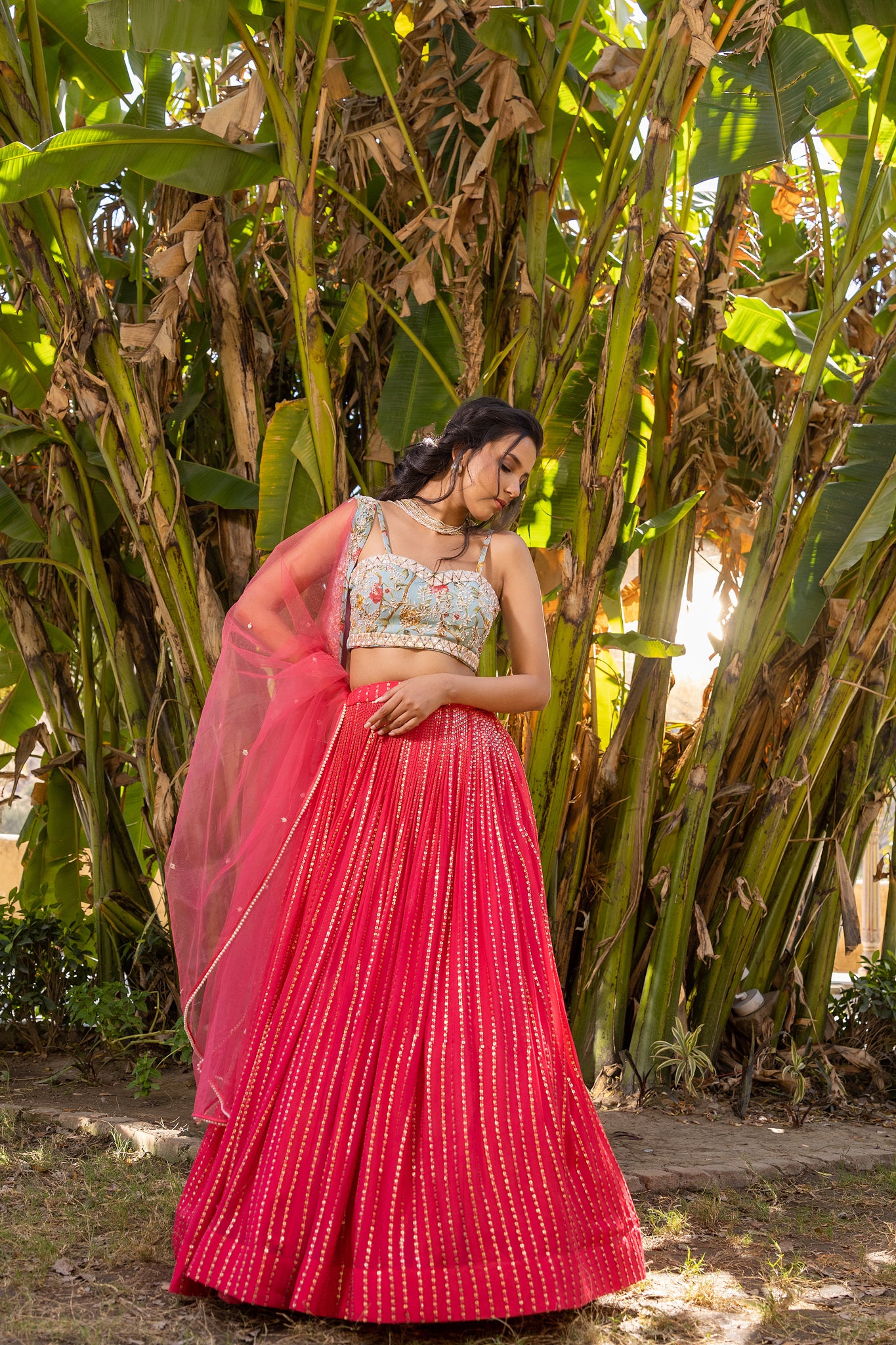 Coral Floral Georgette &amp; Net Embroidered Lehenga Set image 4