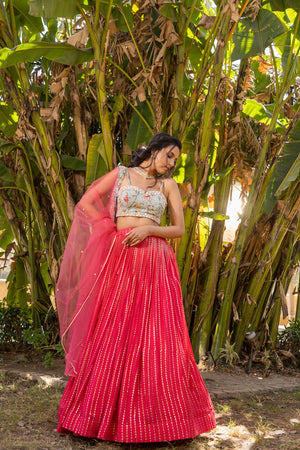 Coral Floral Georgette &amp; Net Embroidered Lehenga Set image 4