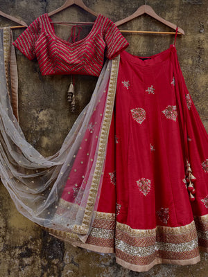 Red Chevron Zardozi Work Lehenga - M image
