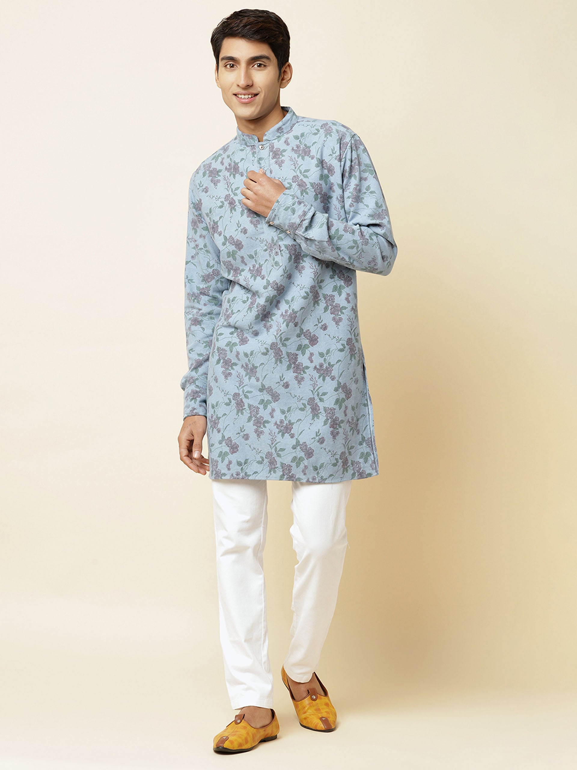 Denim Rose Print Kurta - Custom image
