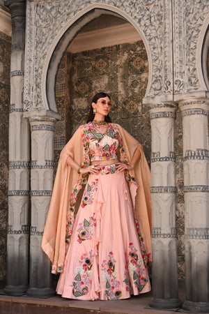 Peach Lehenga Set With Cape image 3