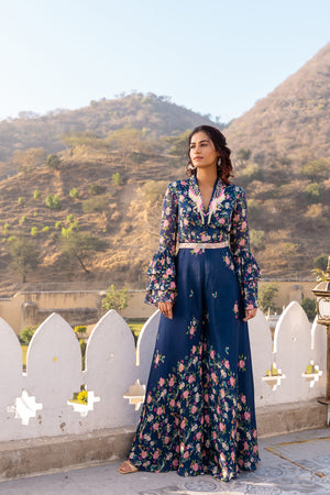 Blue Georgette Crepe Embroidered Jumpsuit With Belt image 5