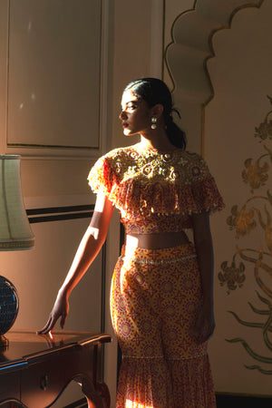 Yellow Printed Sharara Set With Cape image 2