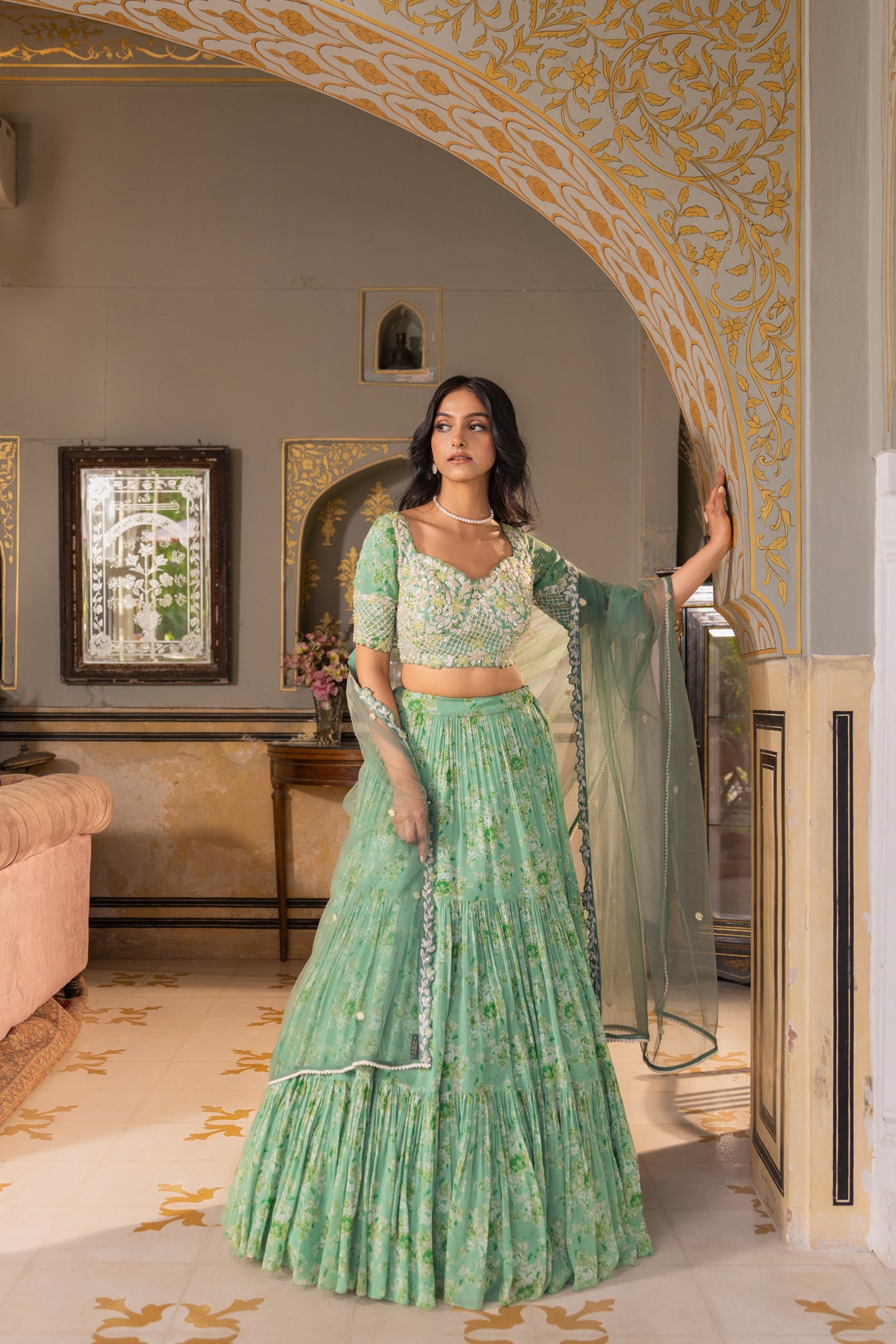Green Embroidered Georgette Crepe Layered Lehenga Set image 3