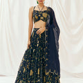 Navy Blue Printed Embroidered Lehenga Set with Dupatta image 0