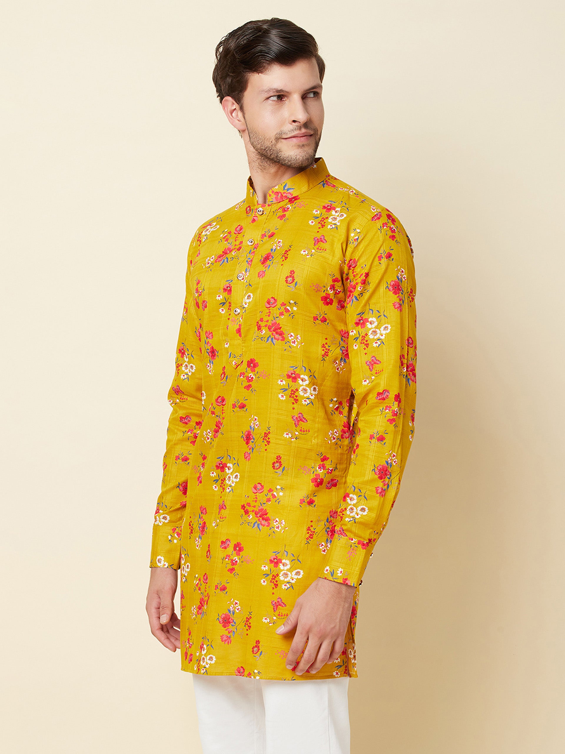Mustard Print Linen Kurta image 4