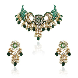 22KT Gold Plated Green Choker Necklace Set image 0