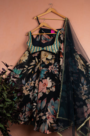 Midnight Blue Floral Blossom Lehenga with Blue and Gold Mirrorwork Blouse Set image 1