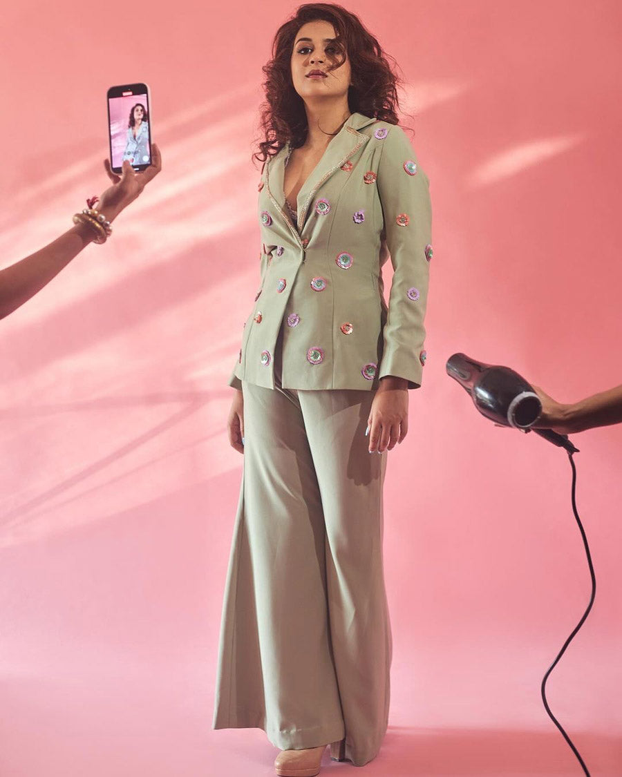 Dust Green Pant Suit with 3D Floral Embroidery - M image