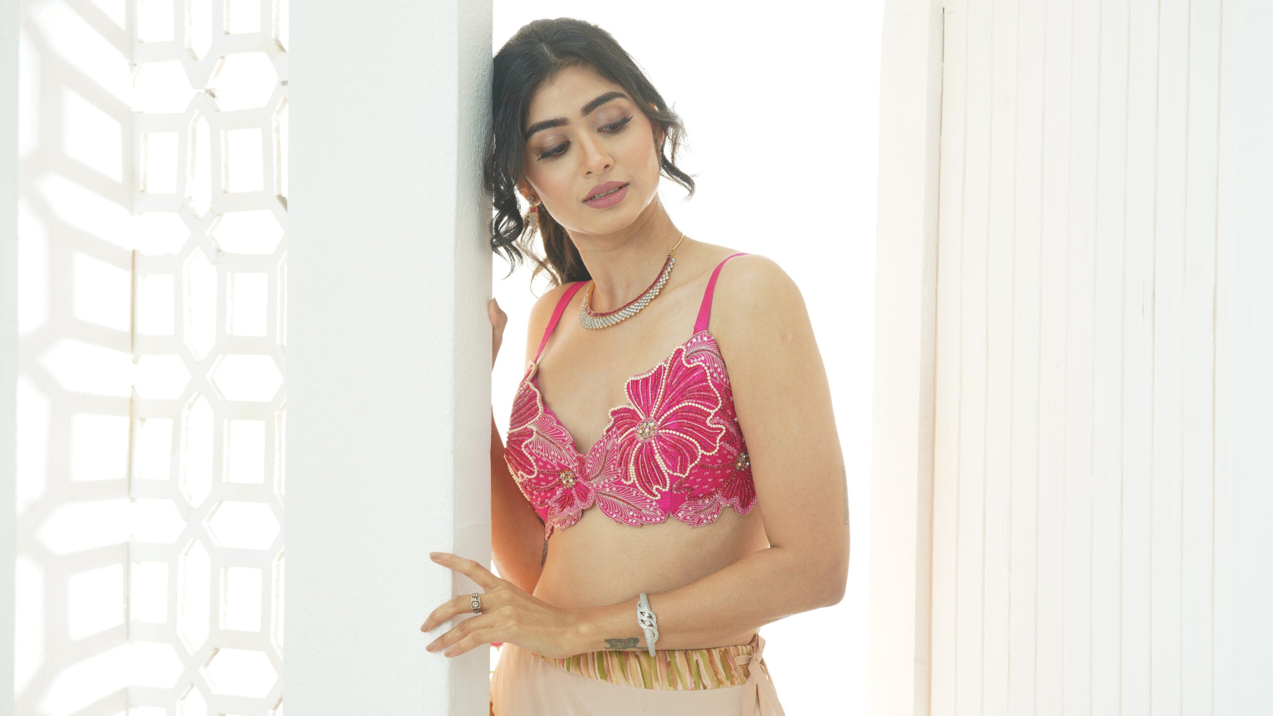 Baby Pink hand painted lehenga and embroidered bralette set image 1