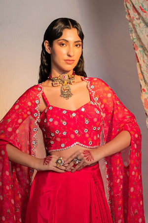 Hot Pink Printed And Embroidered Cape & Skirt Set image 6