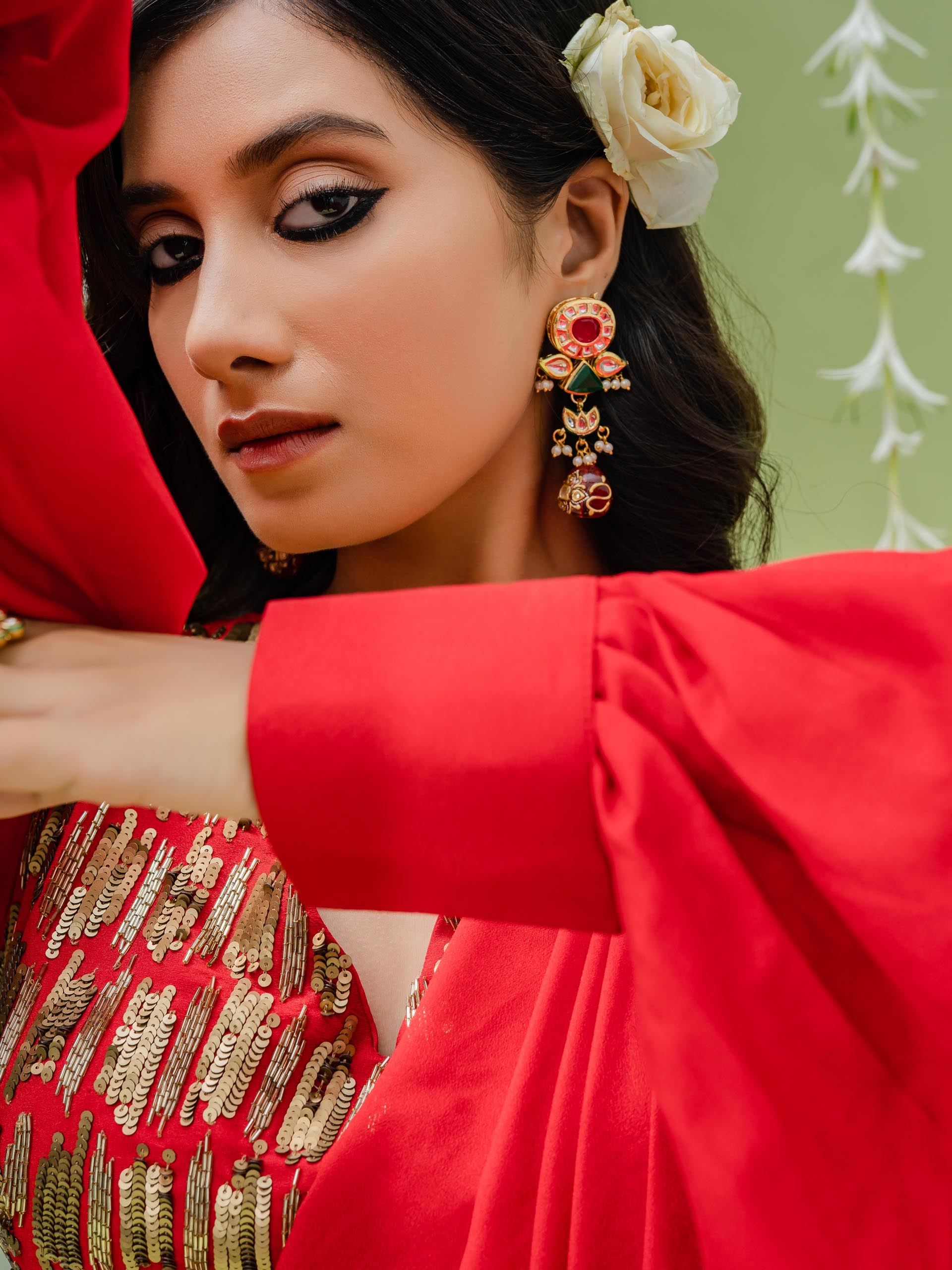 Hot Red Pre Draped Saree Set image 2